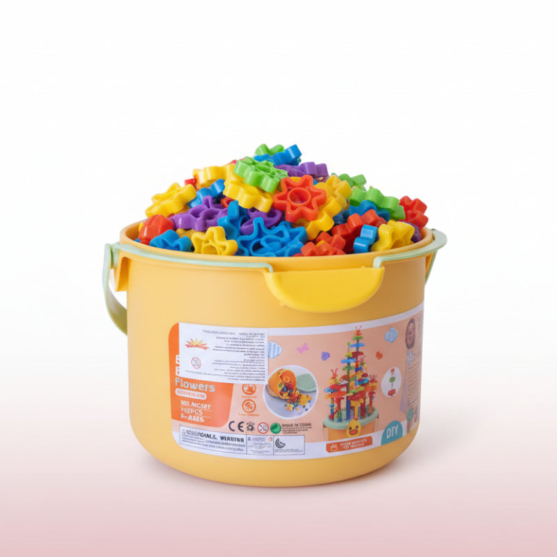 Toy packaging with colorful building blocks and label on a yellow background