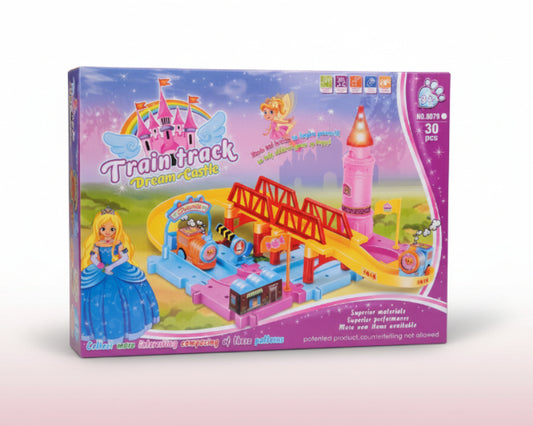 Toy train track set packaging with colorful design and characters on a wooden surface.