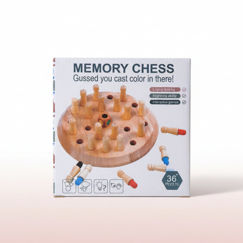 Box of Memory Chess game with wooden pieces on a wooden surface
