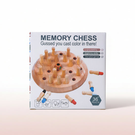 Box of Memory Chess game with wooden pieces on a wooden surface