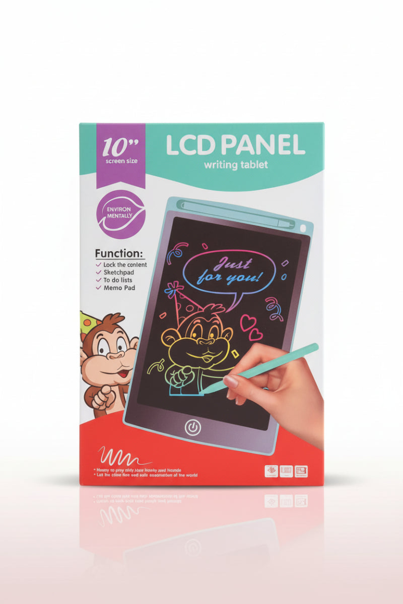 Box of an LCD panel writing tablet with cartoon characters on a wooden surface.