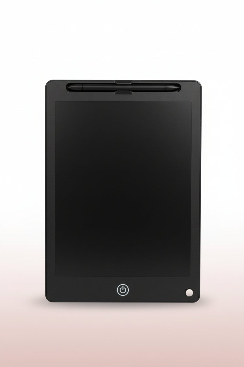 Black electronic writing pad on a wooden surface with a white wall background