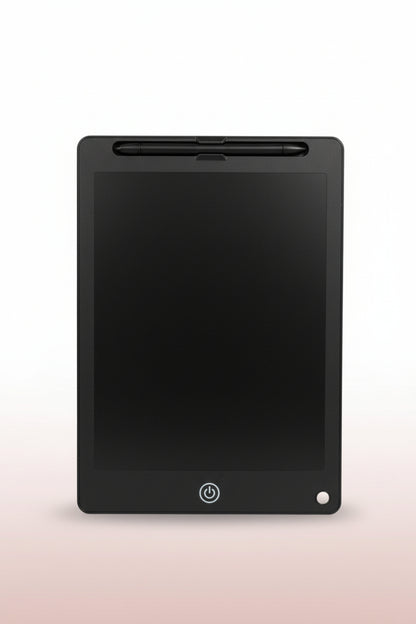 Black electronic writing pad on a wooden surface with a white wall background