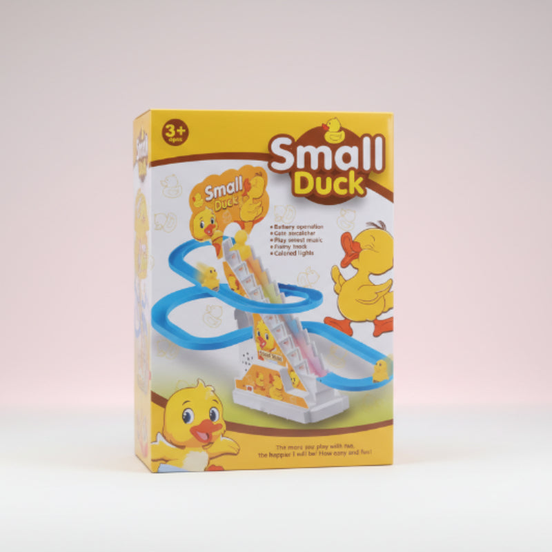 Box of a 'Small Duck' toy with a duck on a track design.