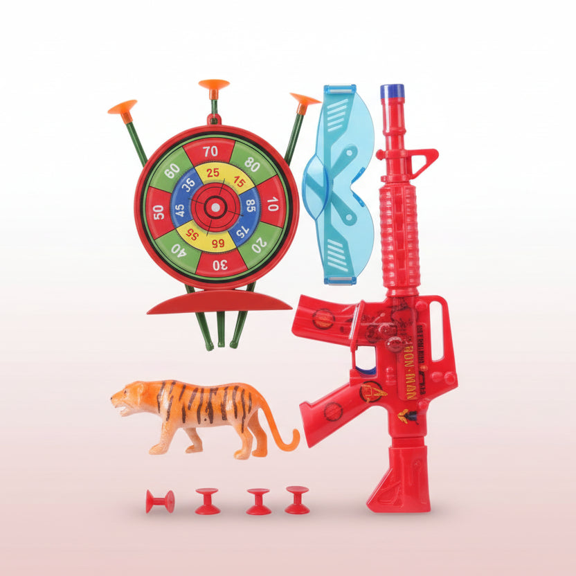 Toy set with dartboard and toy gun on a 'Avengers' branded packaging.