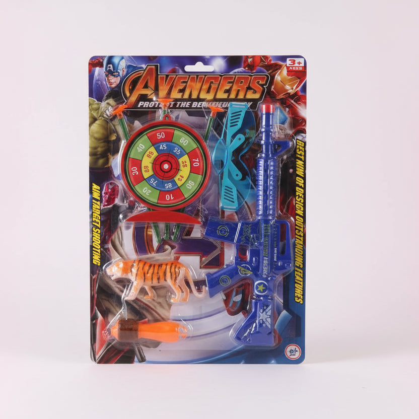 Toy set packaging featuring 'Avengers' branding with a dartboard, bows, and other toys.