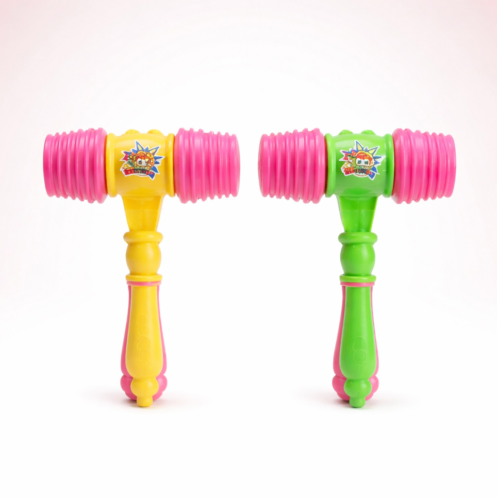 Two colorful toy hammers, one yellow and pink, the other green and pink, on a white background.
