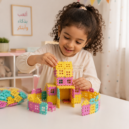 A young girl with curly brown hair is smiling and building a colorful house with plastic magnetic building blocks on a white table. The blocks are in bright yellow, pink, and teal, and the background shows a softly lit child's room with shelves and a framed picture.