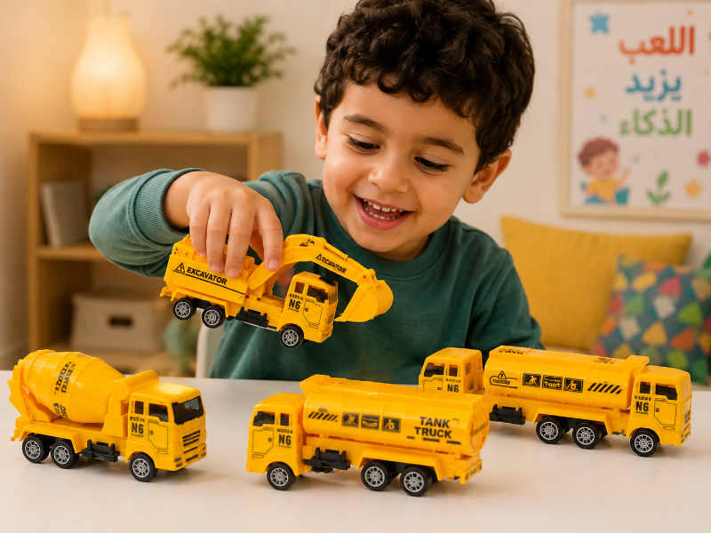 A young boy with curly dark hair smiles while playing with a set of yellow toy construction vehicles, including an excavator and trucks, on a white table in a warmly lit room.