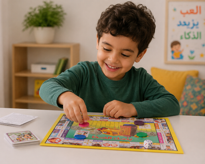 A young boy with curly brown hair smiles while playing a colorful board game at a white table. He is wearing a green long-sleeve shirt and reaching with a pink game token.
