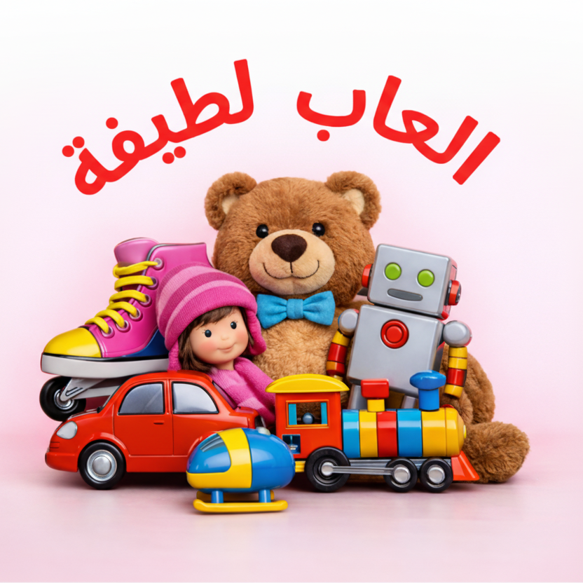 Colorful toys including a teddy bear, robot, and car on a pink background with Arabic text.