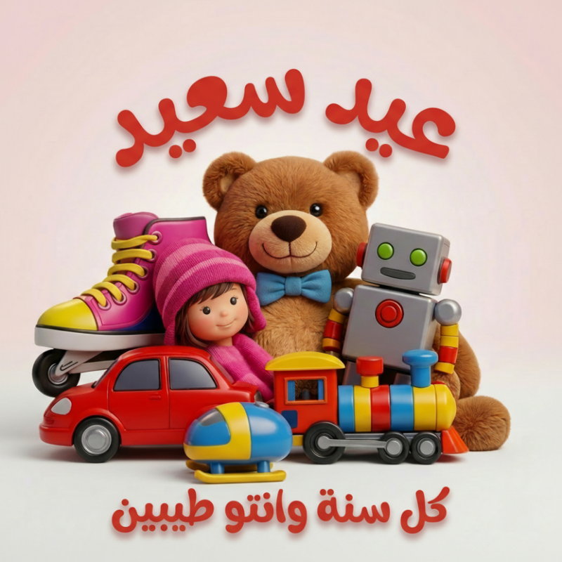 Children's toys including a teddy bear, robot, and car on a light pink background with Arabic text.