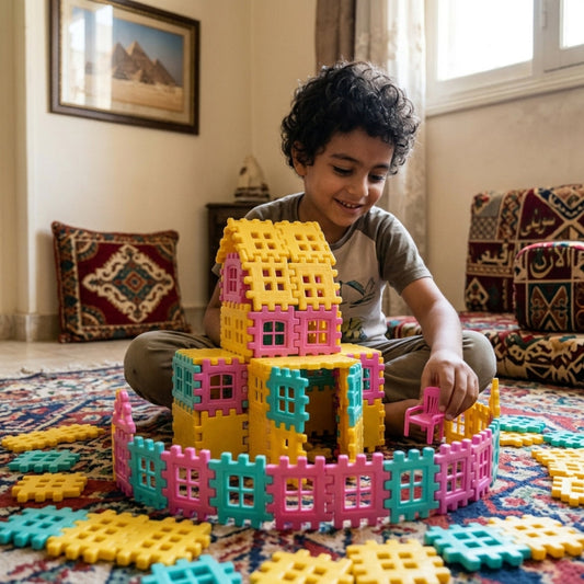 A young boy with curly dark hair sits on a patterned rug in a living room, smiling as he plays with a colorful plastic building block house and matching fence pieces.
