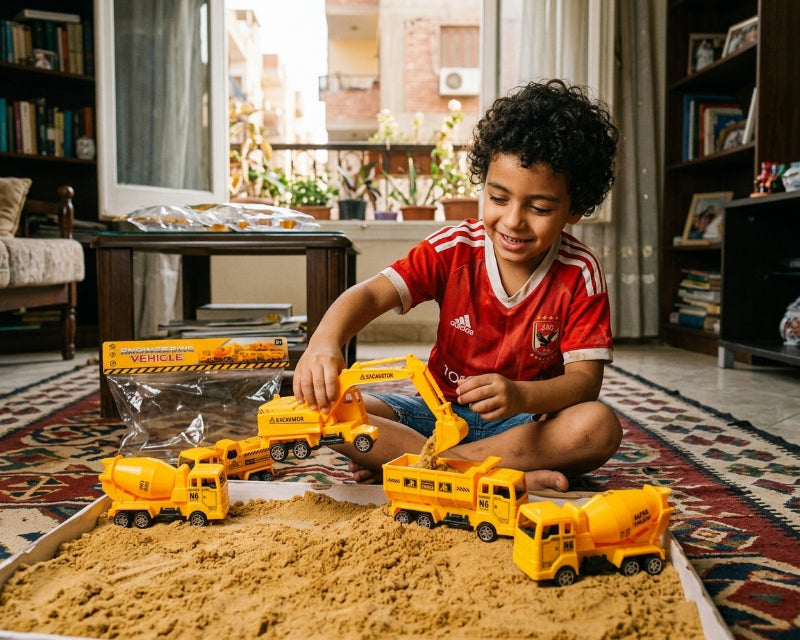 A young boy with curly dark hair sits on a patterned rug in a living room, playing with a set of yellow toy construction vehicles, including an excavator and two cement mixers, in a sandbox tray.