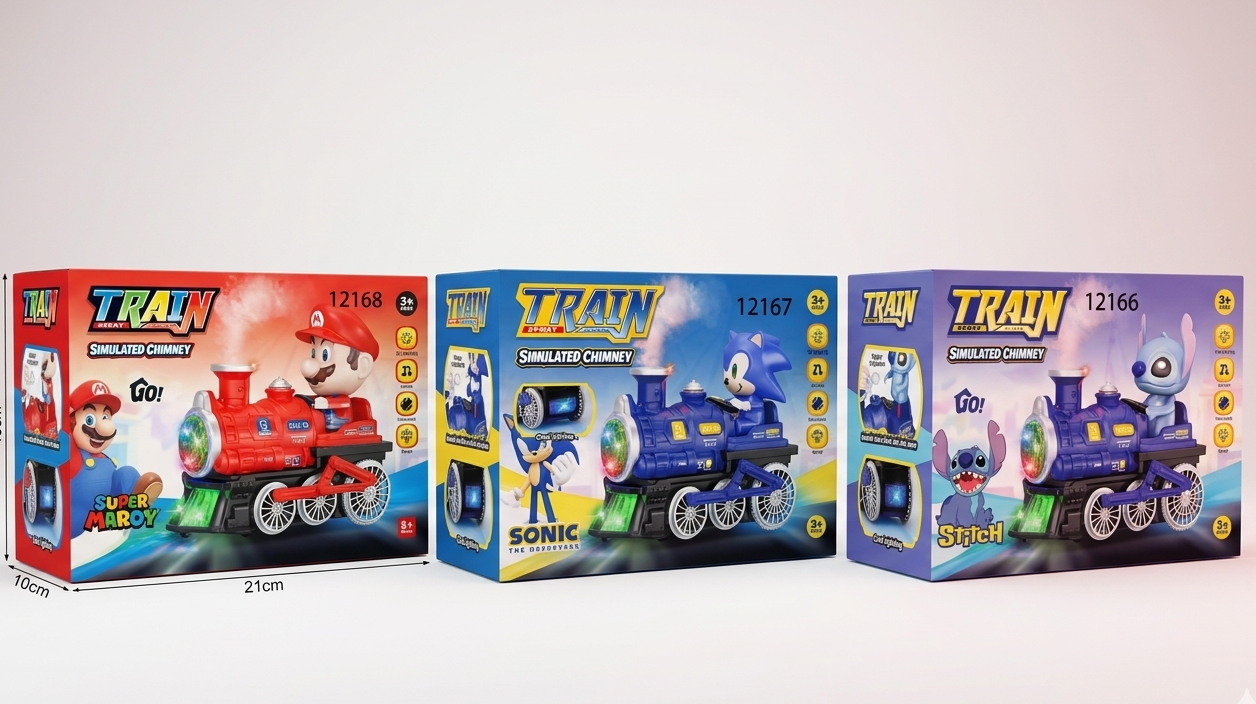 Three toy train packages with colorful designs on a white background