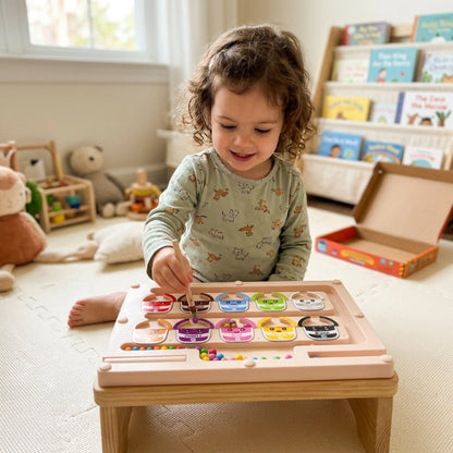 A toddler girl with curly brown hair sits on a cream play mat in a bright children's room, smiling and playing with a wooden toy activity board on a small wooden table. The board has colorful oval slots with animal illustrations and small bead-like pieces.