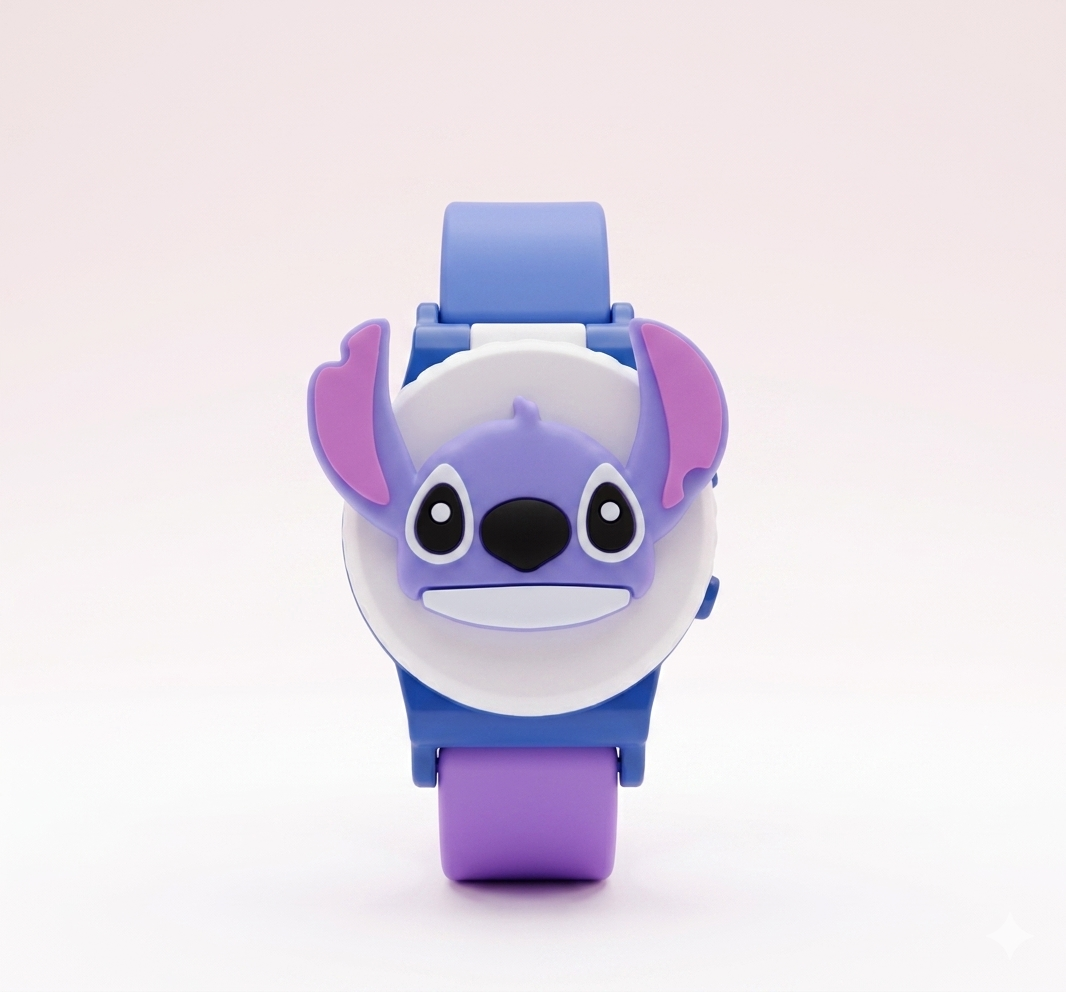 Children's watch with cartoon character face on a light pink background