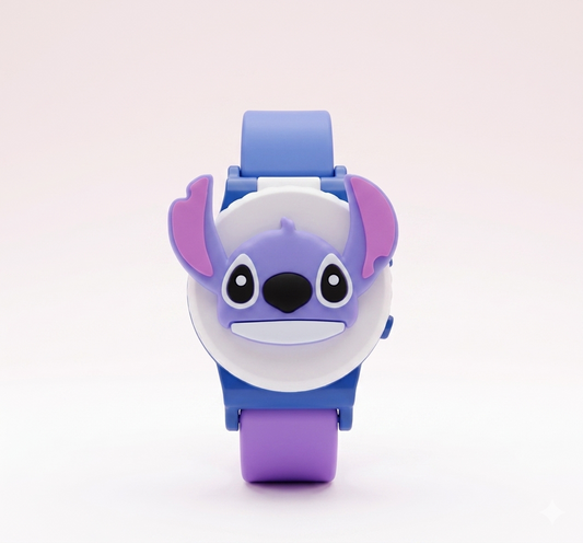Children's watch with cartoon character face on a light pink background