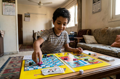 A young boy with curly dark hair sits at a wooden table in a living room, playing with a colorful board game. He is wearing a gray and white striped t-shirt.