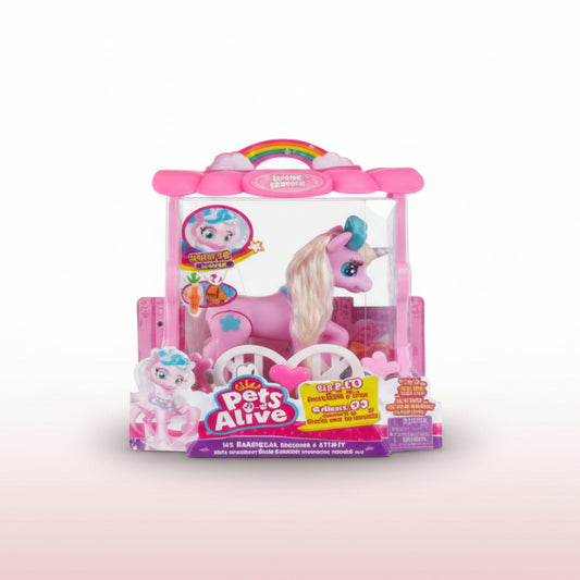 Toy unicorn with pink mane and tail, standing on a white background