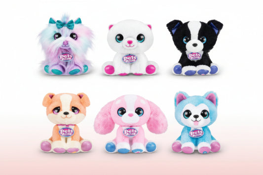 Set of six colorful plush toys with cartoon faces on a white background