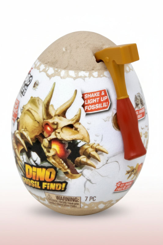 Toy dinosaur figure inside a brown egg with a red pull tab on a white background