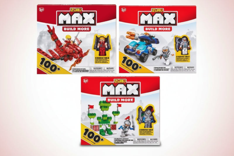 Three toy boxes labeled 'MAX' with various toys inside on a white background.