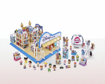Two children with a Disney store toy set on a white background