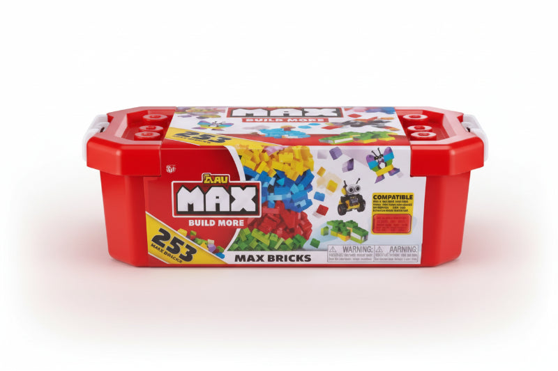 Toy building block set in a container with colorful bricks and tools.