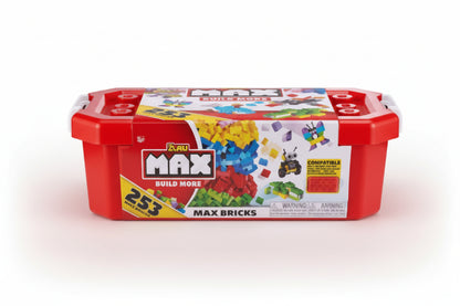 Toy building block set in a container with colorful bricks and tools.
