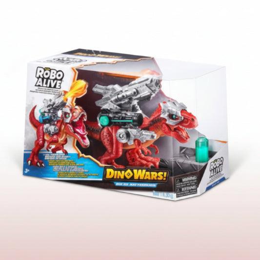 Toy packaging of Robo Alive Dino Wars with red and gray robot and dinosaur figures.