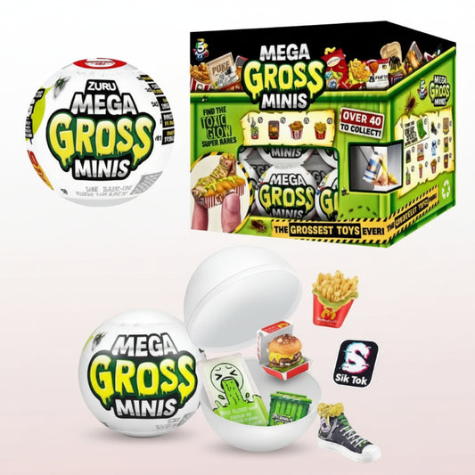 Mega Gross Minis toy packaging with a ball and open container on a white background