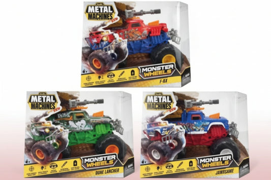 Two toy monster trucks with packaging on a white background