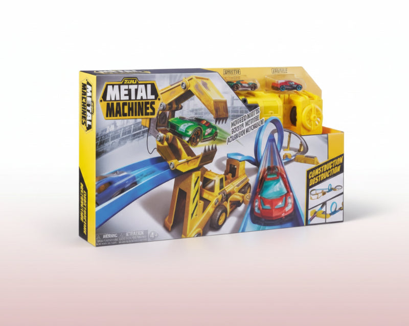 Toy construction set with track and vehicles in packaging