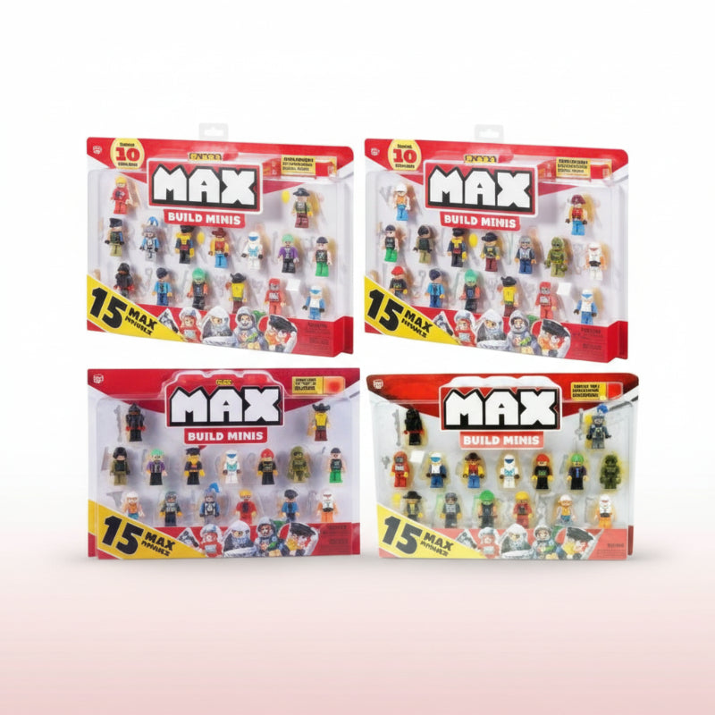 Four packages of Max action figures with colorful packaging.