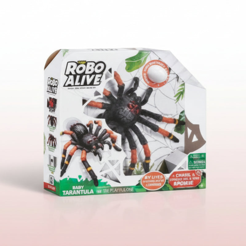 Robo Alive toy packaging with spider-like robot on a white background
