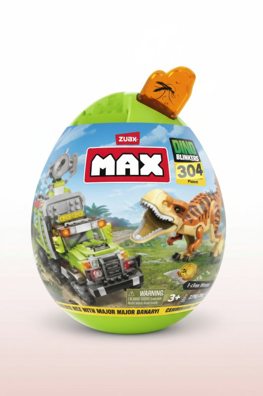 Toy figure in a green egg with 'Max' branding on a white background
