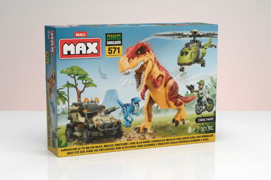 Toy dinosaur set with 'MAX' branding on a box