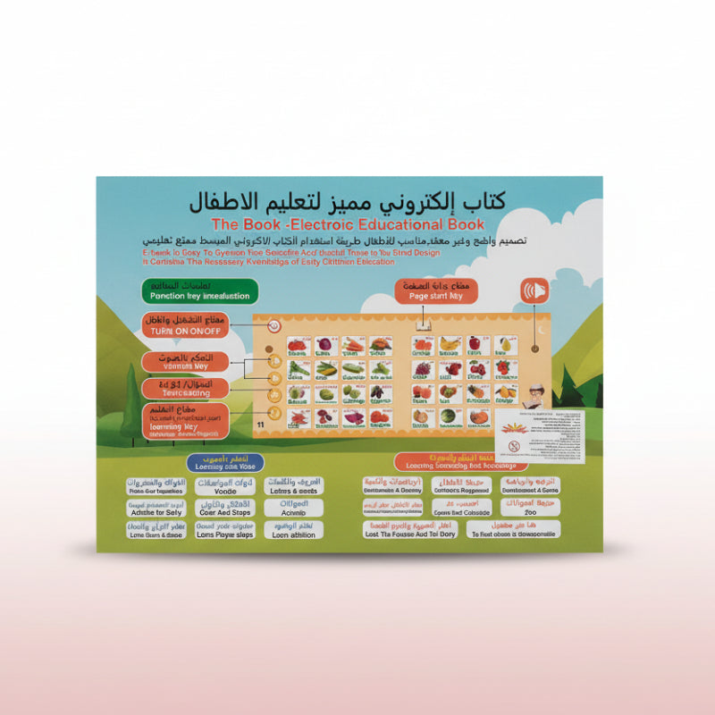 Electronic educational book packaging with text and graphics on a wooden surface.