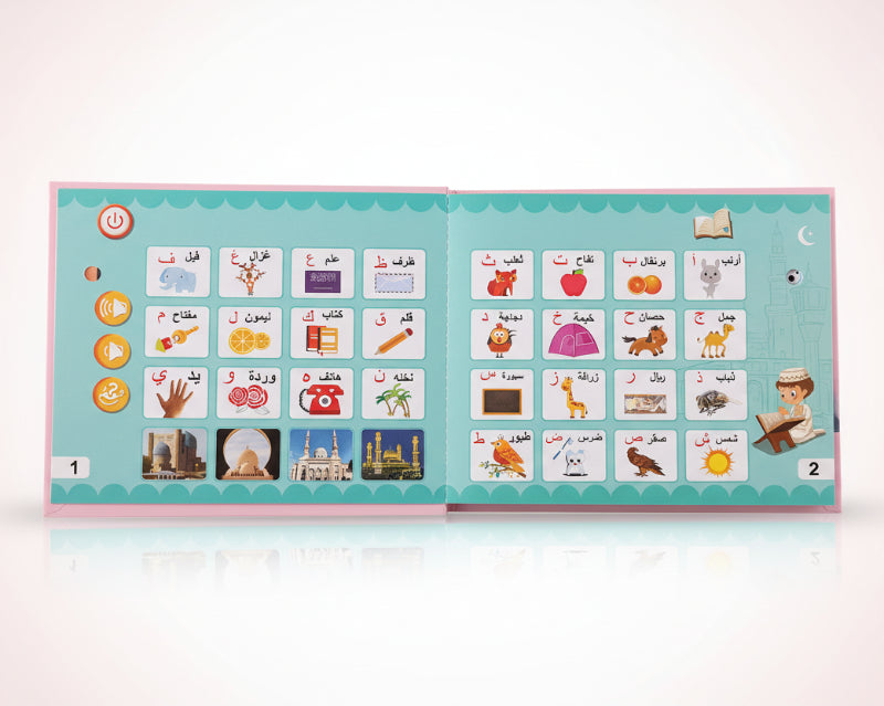 Open book with educational illustrations on a wooden surface