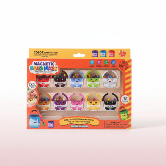 Colorful packaging of a magnetic bead maze educational toy on a wooden surface.