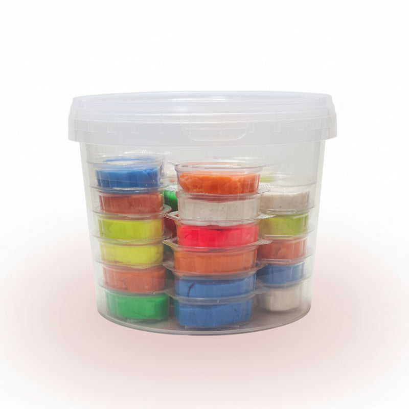 Set of colorful small containers stacked inside a transparent plastic container on a wooden surface.