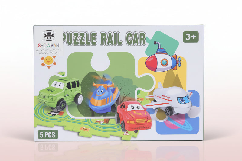 Puzzle rail car toy set packaging with cartoon vehicles on a white background