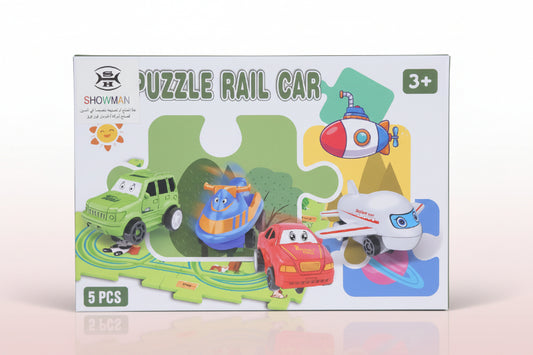 Puzzle rail car toy set packaging with cartoon vehicles on a white background