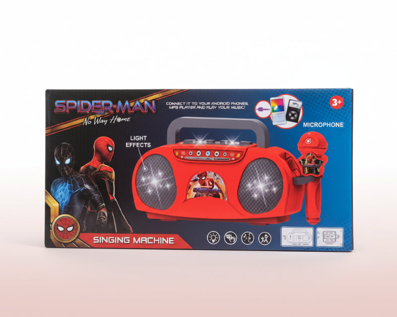 Spider-Man themed toy singing machine packaging on a wooden surface