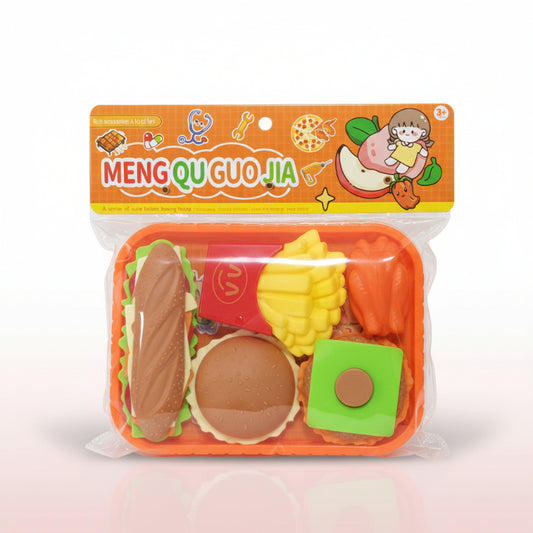 Toy food set in packaging with 'MENG QU GUO JIA' branding on a white background.