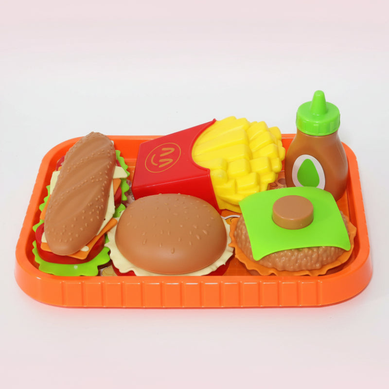 Toy food set including a hamburger, hot dog, and fries in an orange tray on a wooden surface.