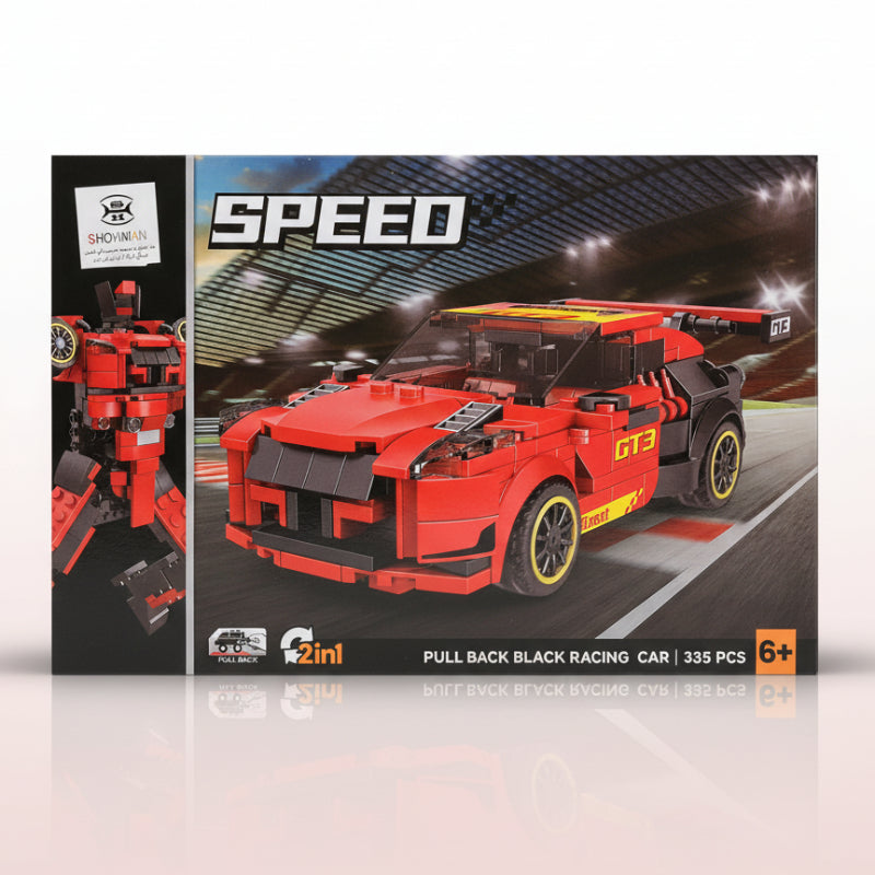 Boxed toy car with 'Speed' branding and a red racing car design.