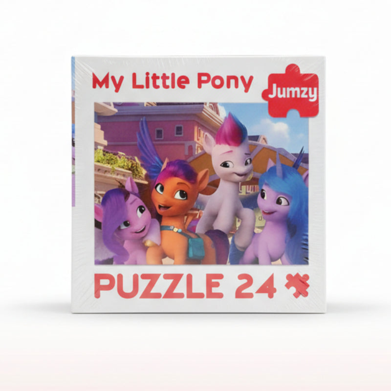 My Little Pony Jumzy puzzle box with four ponies on a wooden surface