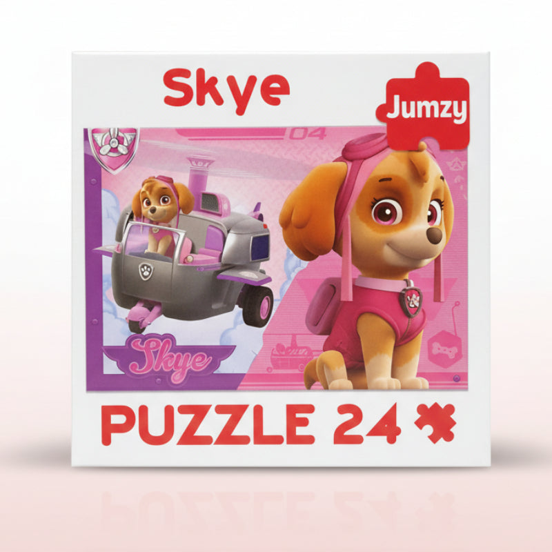 Puzzle box featuring Skye from Paw Patrol with a pink background